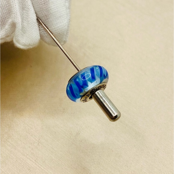 EUC Pandora 790611 Striped Teal & Blue Murano Glass Charm - Picture 5 of 10